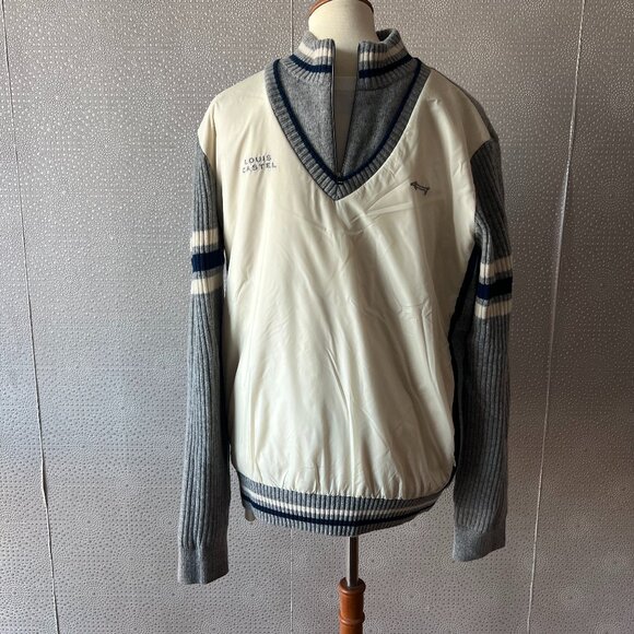 Louis Castel Mens Ivory Gray Golf Wool Wind Resistant Lined 1/4 Zip Sweater Sz L